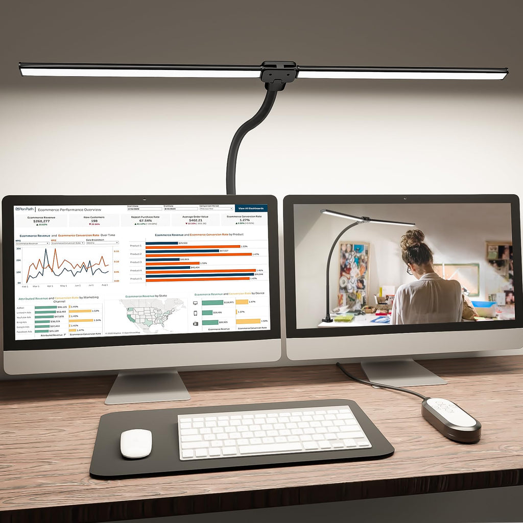 Lampe de Bureau Led Shinetech pour Bureau à Domicile, 4000k Blanc Neutre Double Tête Lampe de Tâche Architecte avec Pince, Dimmable Réglable Fl