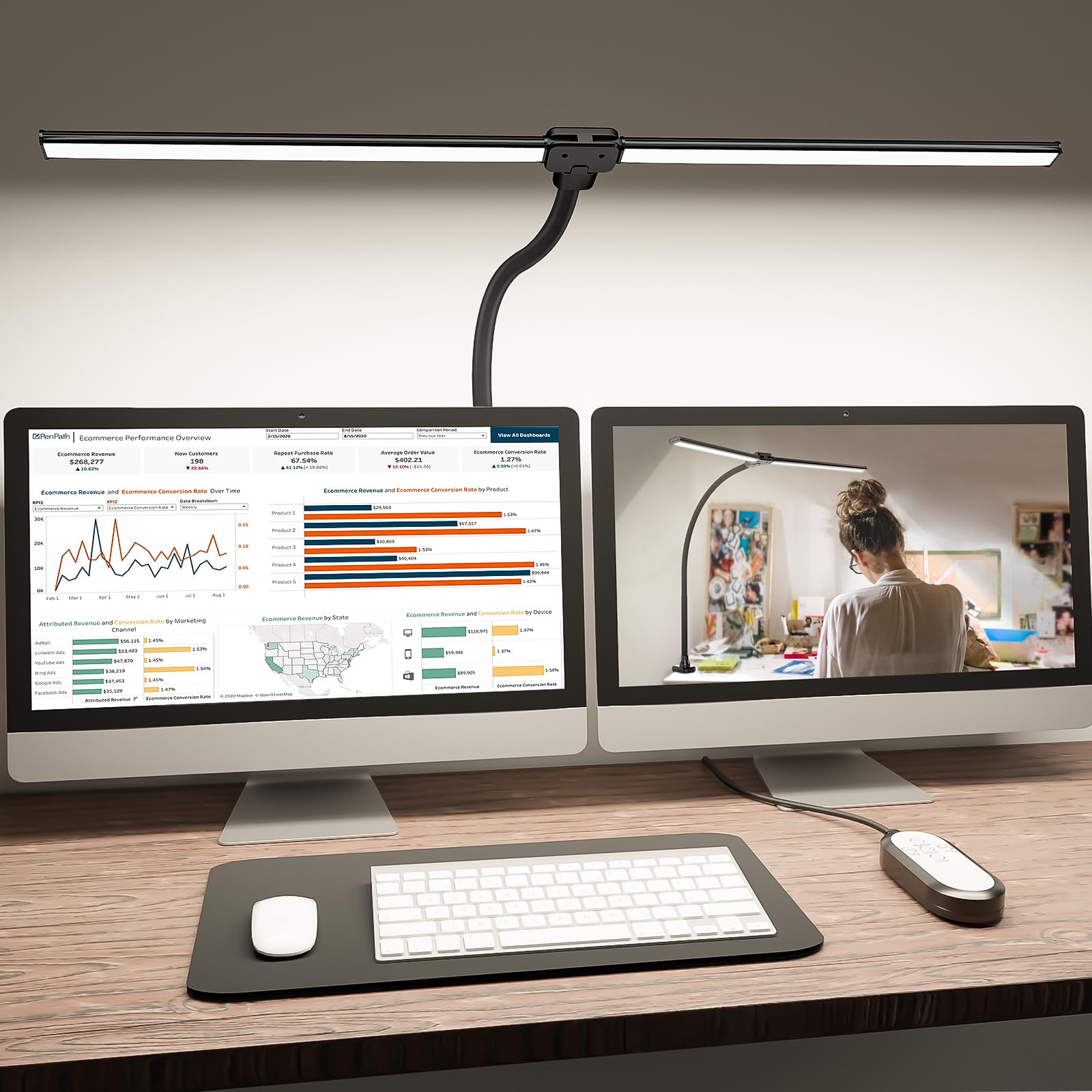 Skanto | Lampe de Bureau Led Shinetech pour Bureau à Domicile, 4000k Blanc Neutre Double Tête Lampe de Tâche Architecte avec Pince, Dimmable Réglable Fl
