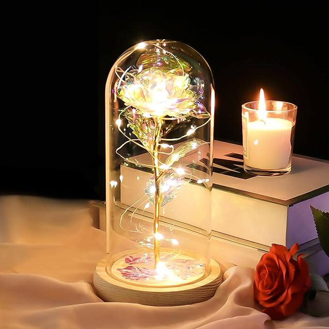 Lampe de Table Décorative LED avec Dôme en Verre et Rose