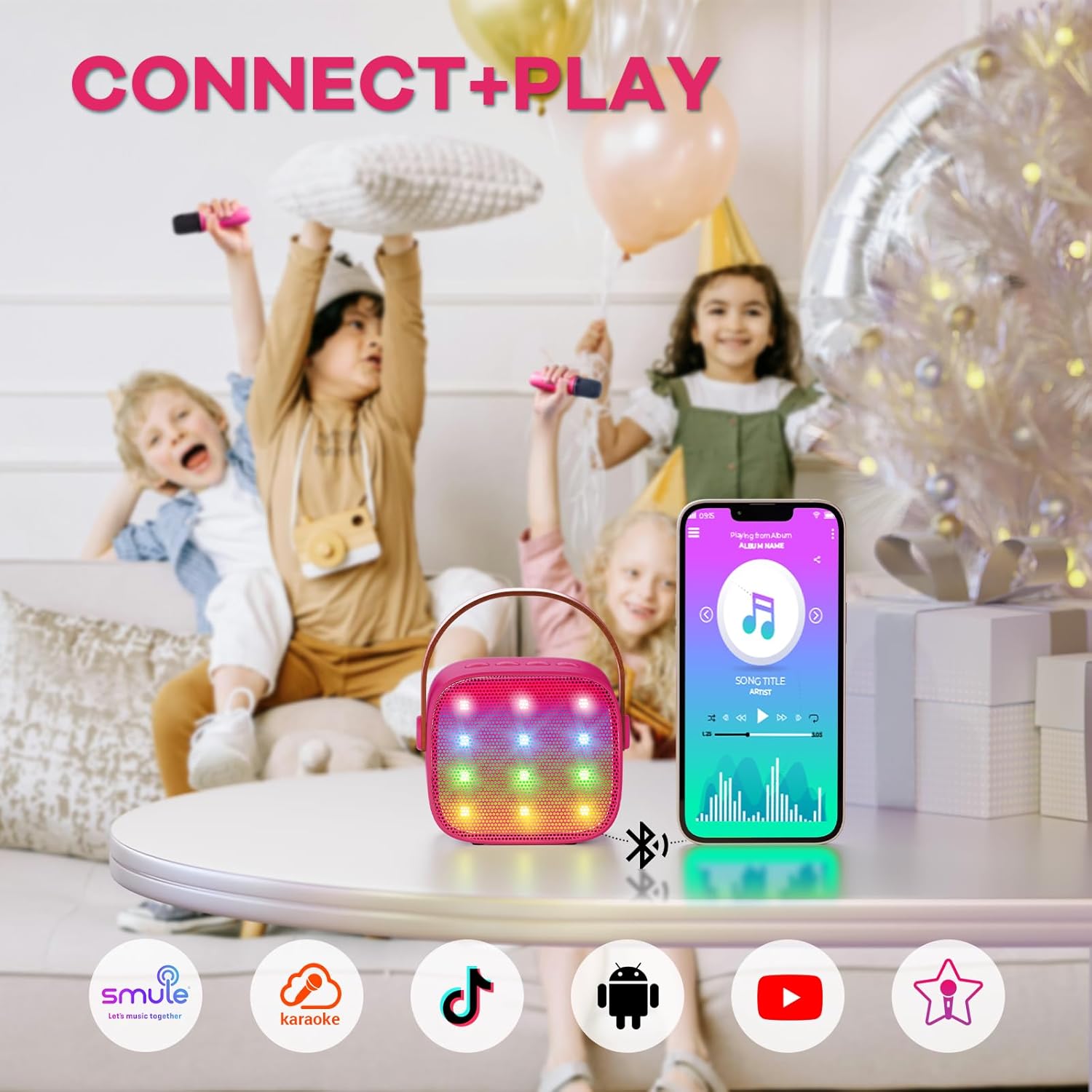 Skanto | Mini machine à karaoké portable avec haut-parleur Bluetooth et 2 microphones sans fil – Veylo