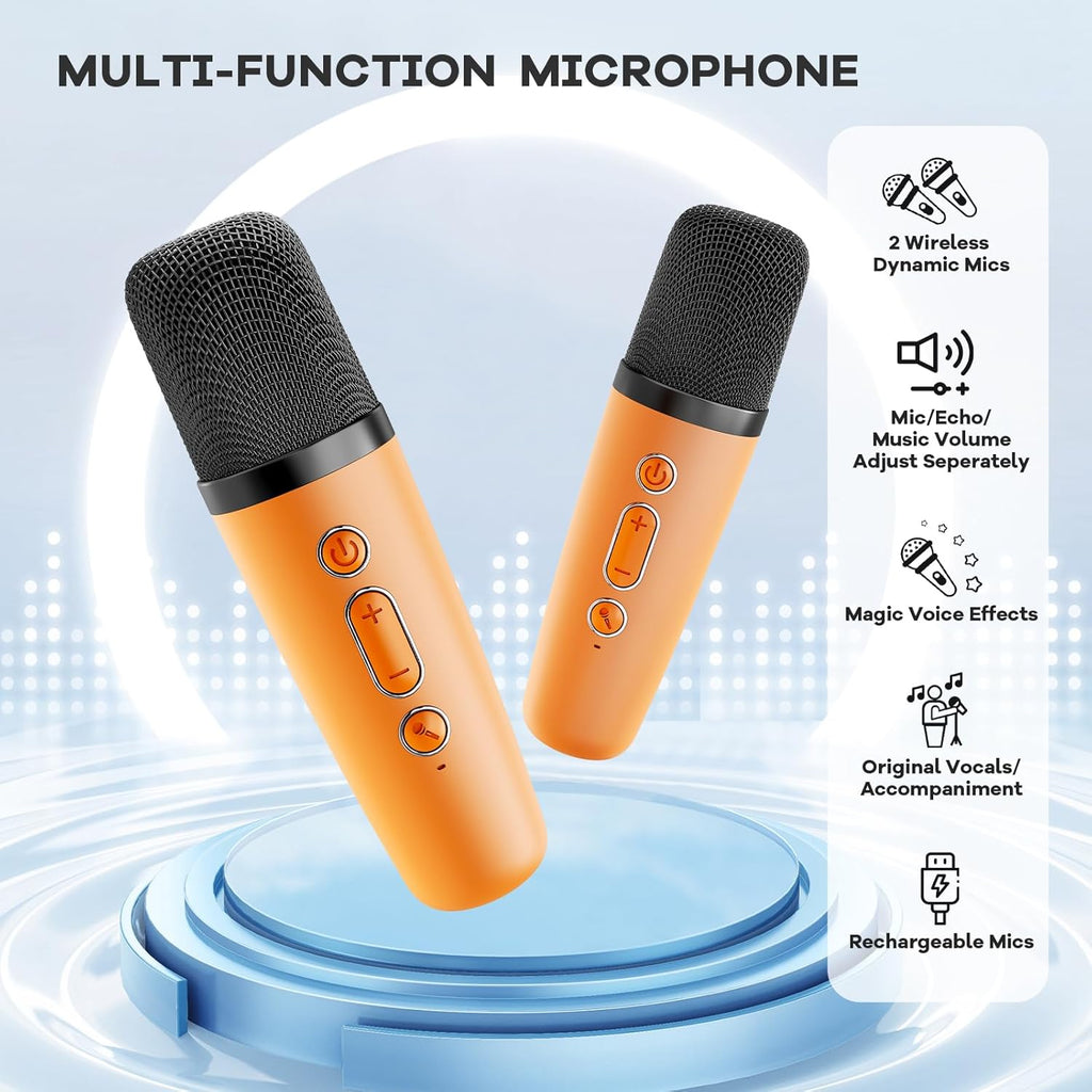 Skanto | Mini machine à karaoké portable avec haut-parleur Bluetooth et 2 microphones sans fil – Veylo