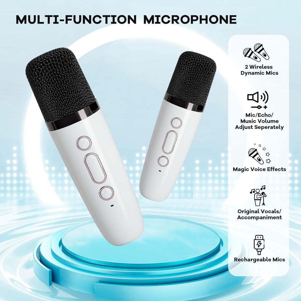 Skanto | Mini machine à karaoké portable avec haut-parleur Bluetooth et 2 microphones sans fil – Veylo