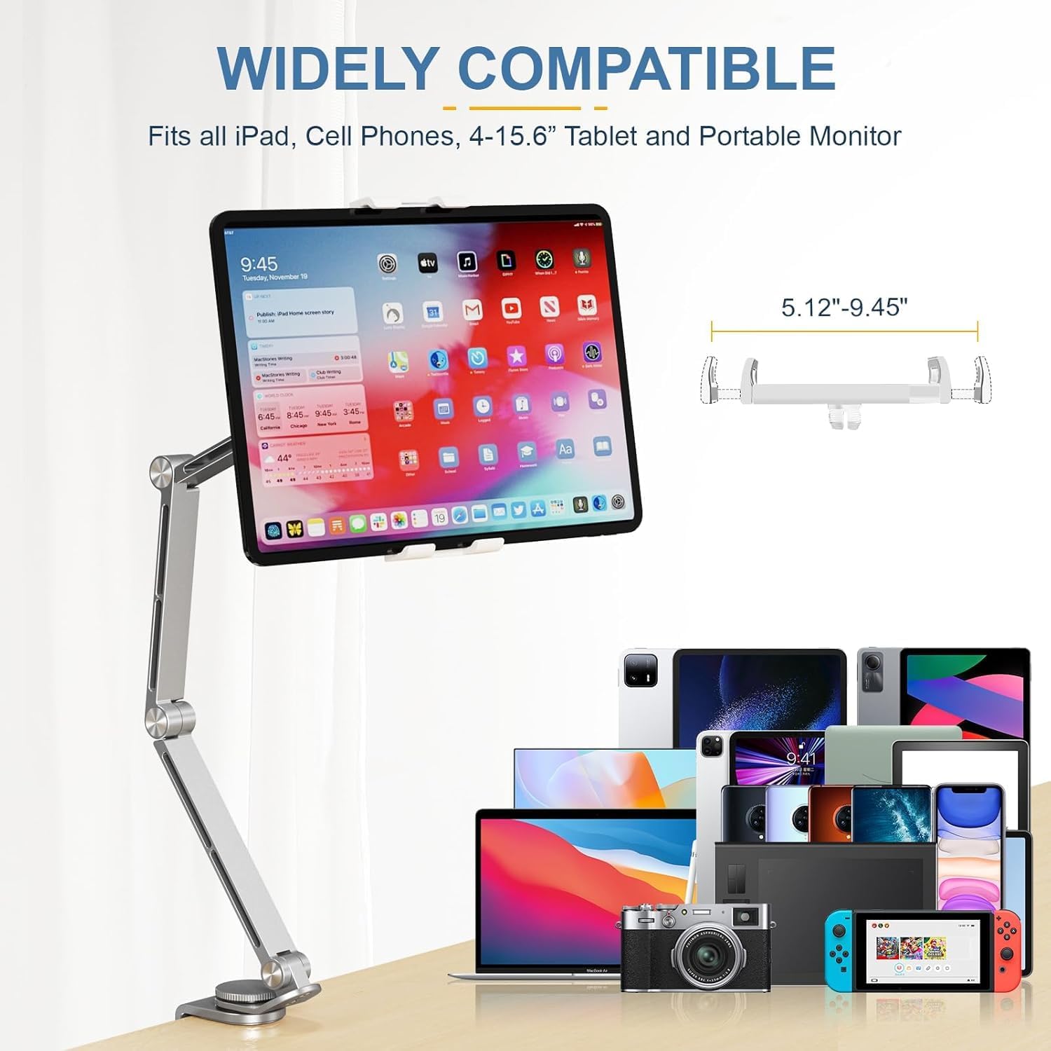 Support réglable en aluminium pour tablette avec rotation à 360° – Movaro