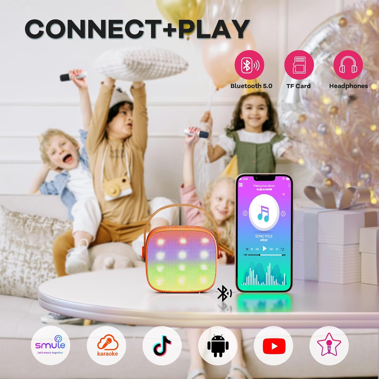 Skanto | Mini machine à karaoké portable avec haut-parleur Bluetooth et 2 microphones sans fil – Veylo