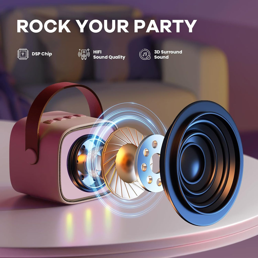 Skanto | Mini machine à karaoké portable avec haut-parleur Bluetooth et 2 microphones sans fil – Veylo