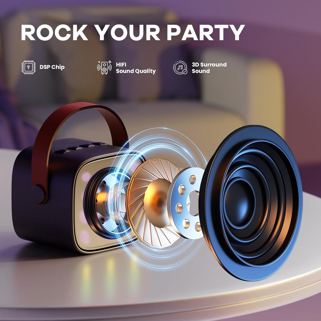Skanto | Mini machine à karaoké portable avec haut-parleur Bluetooth et 2 microphones sans fil – Veylo