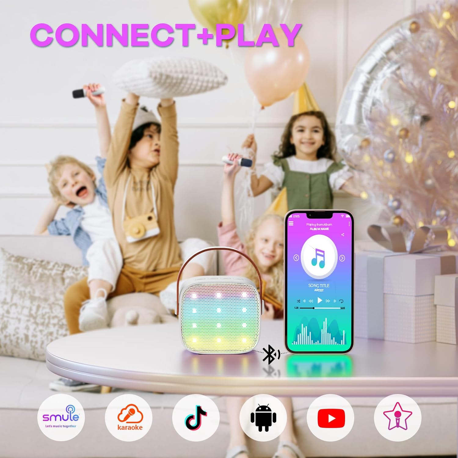 Skanto | Mini machine à karaoké portable avec haut-parleur Bluetooth et 2 microphones sans fil – Veylo