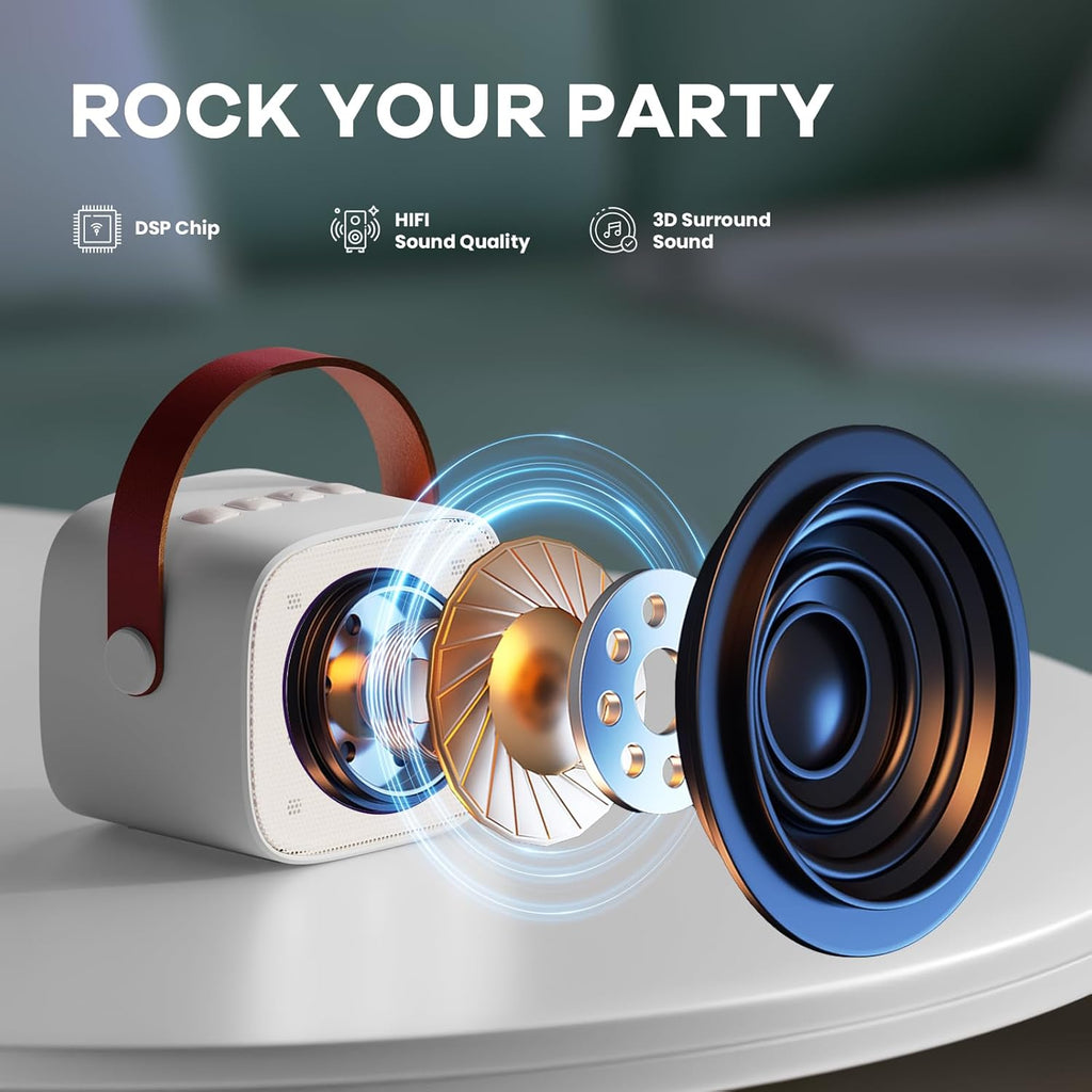 Skanto | Mini machine à karaoké portable avec haut-parleur Bluetooth et 2 microphones sans fil – Veylo