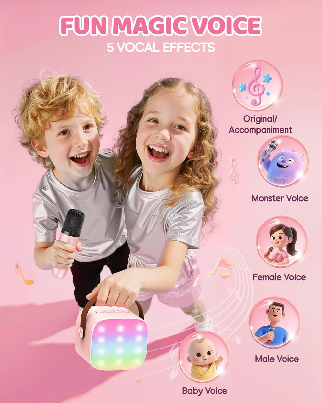 Skanto | Mini machine à karaoké portable avec haut-parleur Bluetooth et 2 microphones sans fil – Veylo