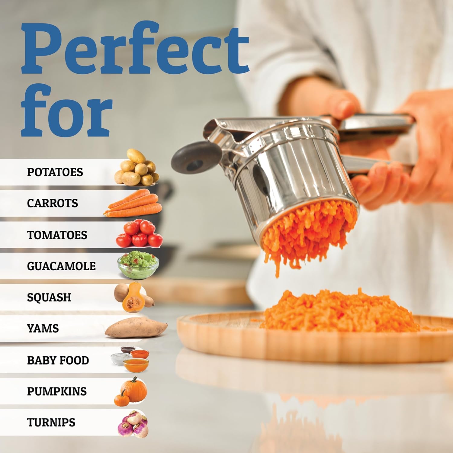 PureMasher Pro Presse-purée en acier inoxydable 15oz | Capacité extra grande | Pour purée, légumes & fruits | Sans grumeaux & robuste