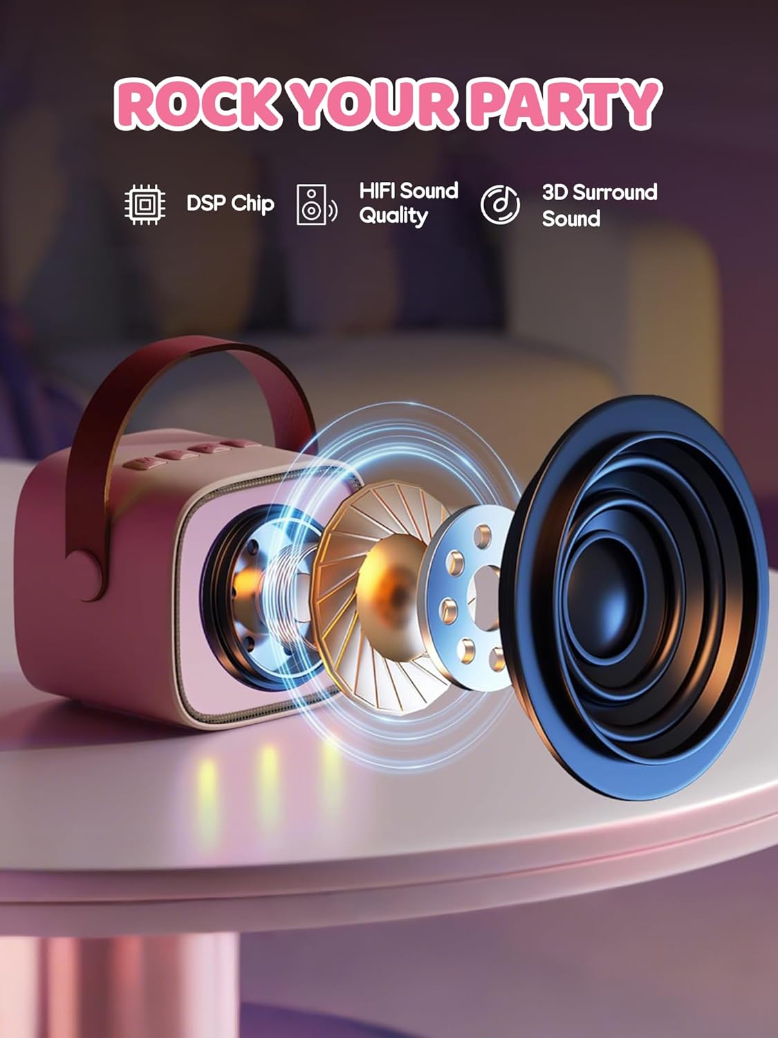 Skanto | Mini machine à karaoké portable avec haut-parleur Bluetooth et 2 microphones sans fil – Veylo