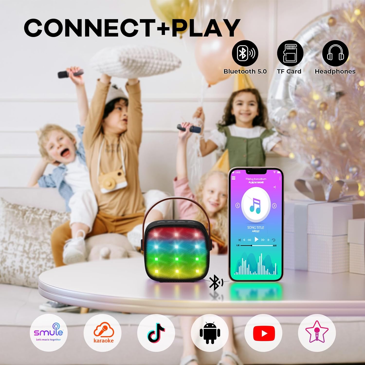 Skanto | Mini machine à karaoké portable avec haut-parleur Bluetooth et 2 microphones sans fil – Veylo