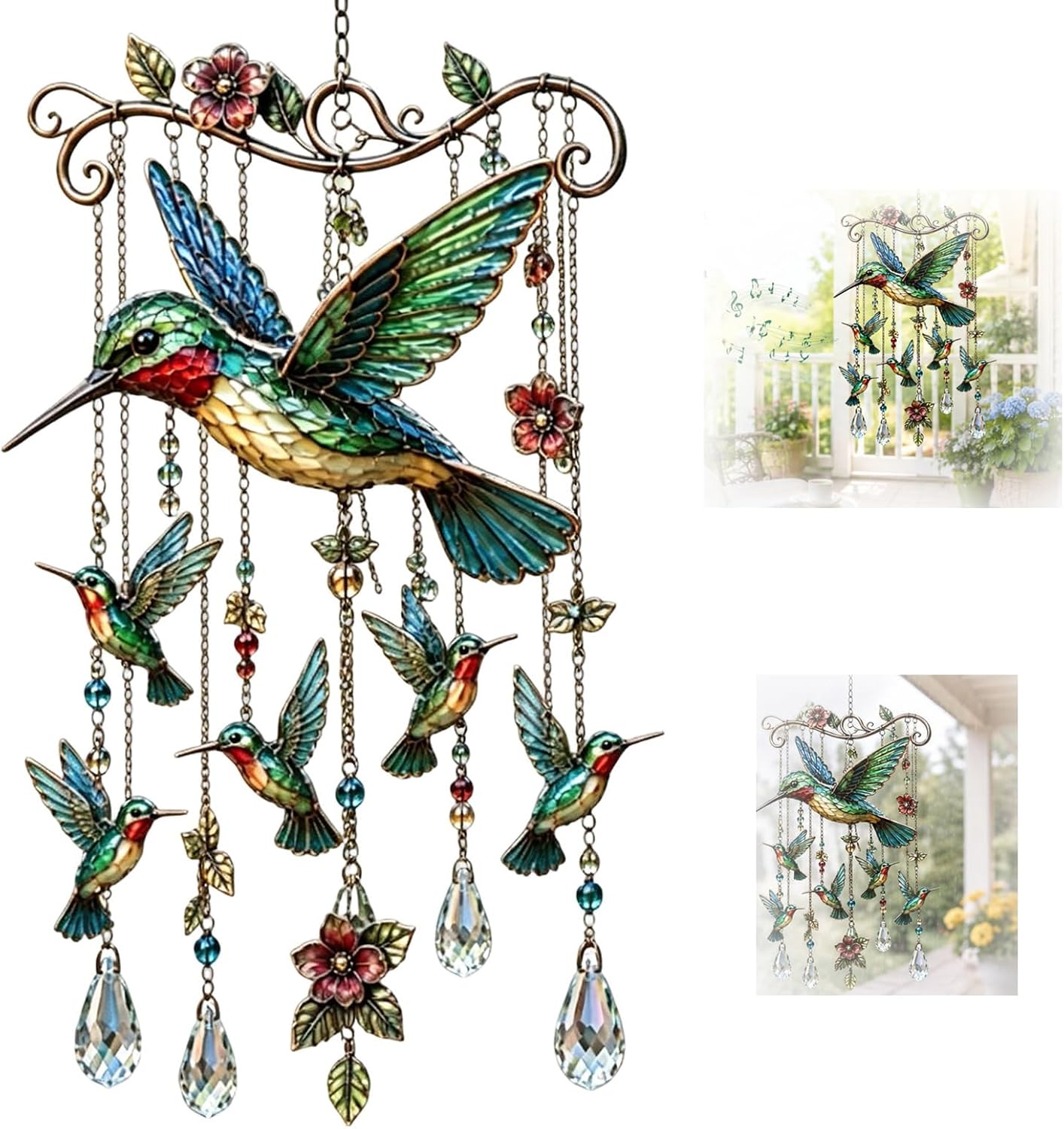 CrystalSong™ | Carillon en cristal avec motif d'oiseau pour jardin et balcon