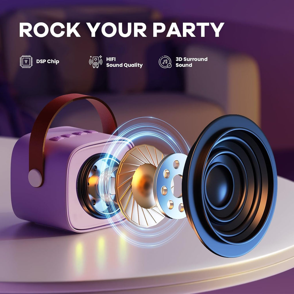 Skanto | Mini machine à karaoké portable avec haut-parleur Bluetooth et 2 microphones sans fil – Veylo