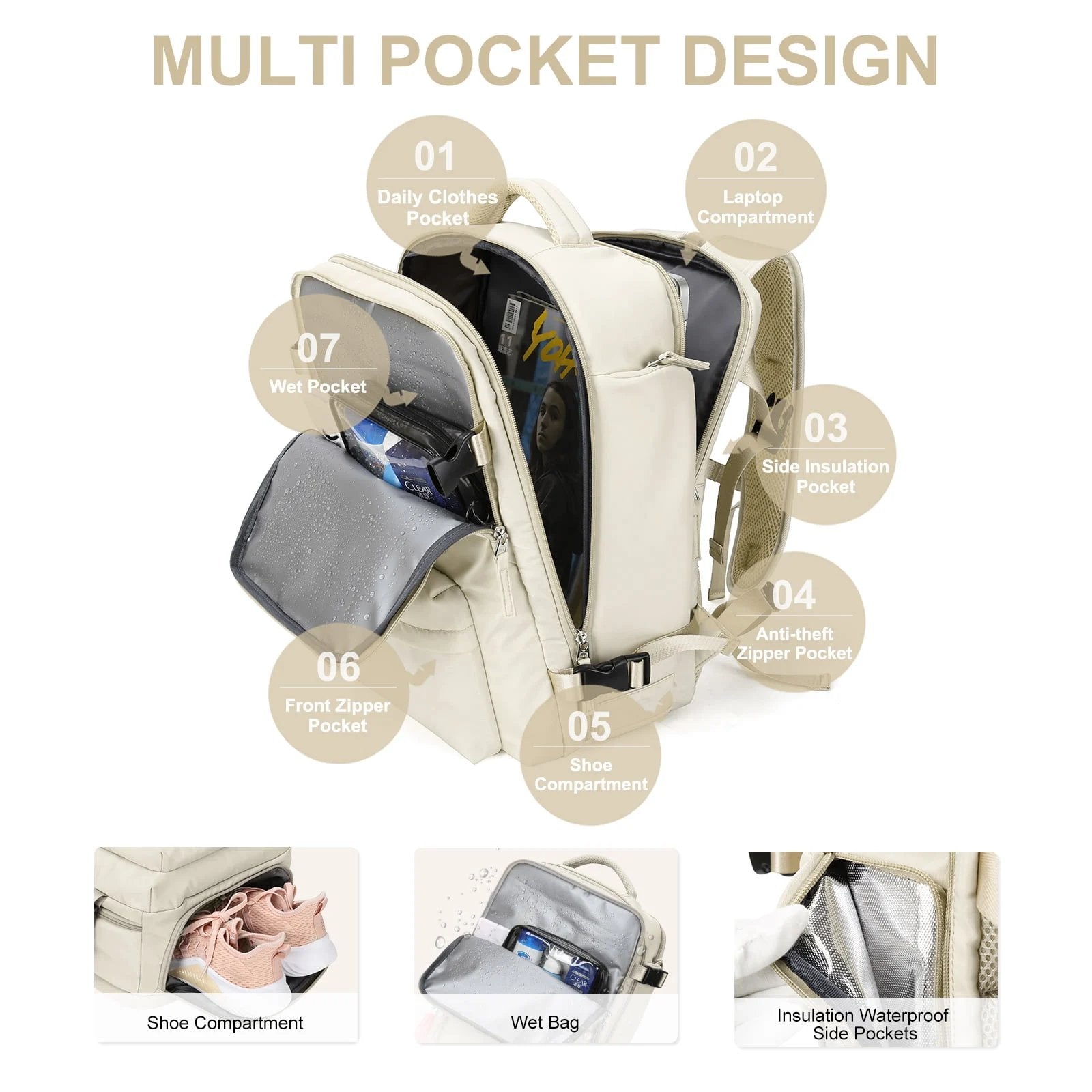 Grand sac de voyage pour femmes, sac à dos de randonnée imperméable – 35L multifonction