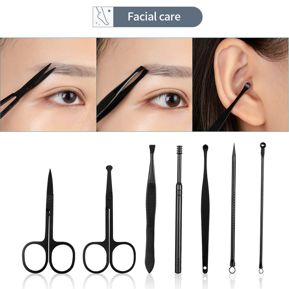 GROOMIX - Ensemble de soins des ongles classique noir de 15 pièces pour les mains, les pieds et le visage - Outils en acier inoxydable
