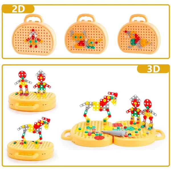 Set de construction et de perçage Montessori pour enfants | Jeu créatif 2D & 3D | Jouet éducatif pour développer les compétences STEM