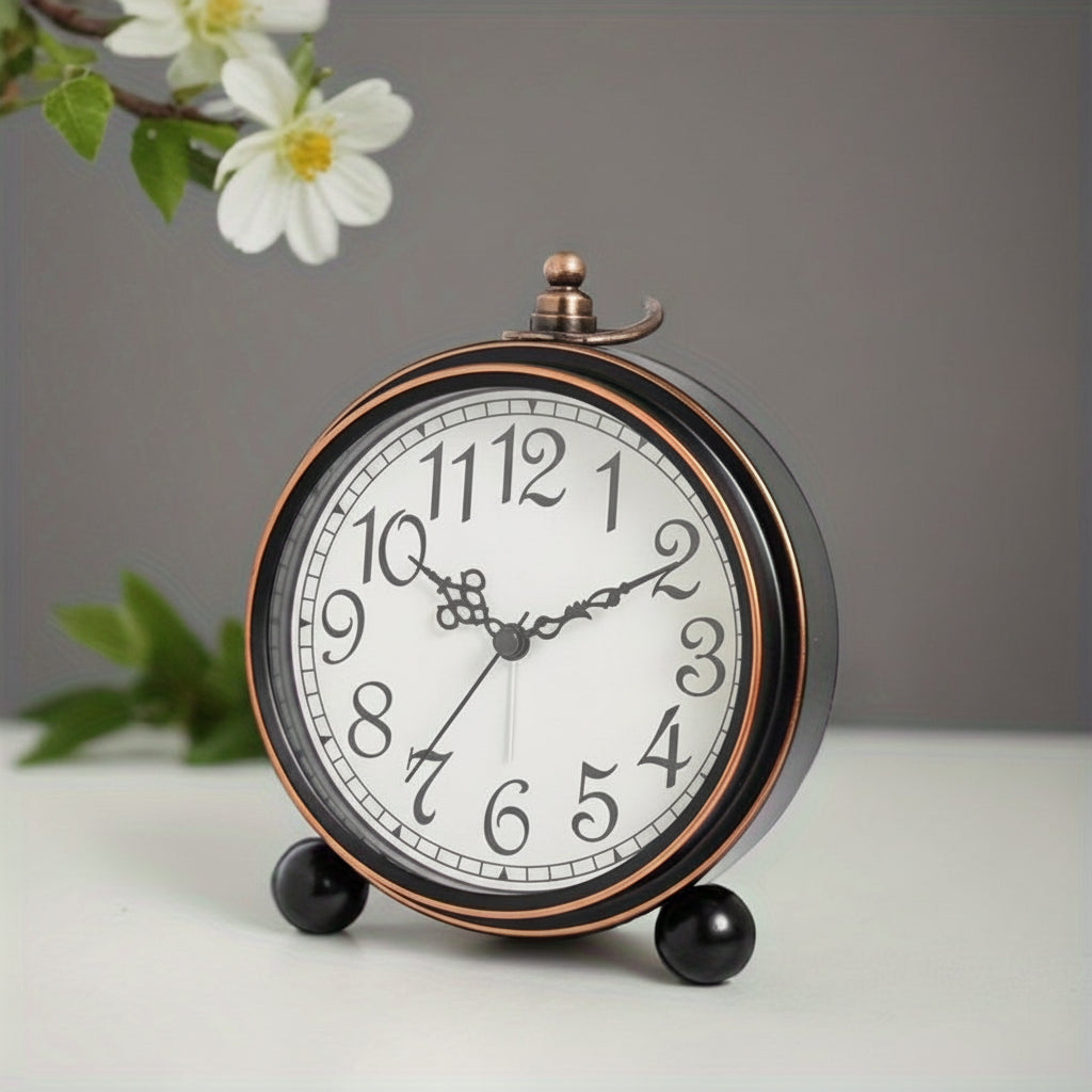 ELEGANTIME - Réveil analogique silencieux en métal vintage européen avec grand affichage
