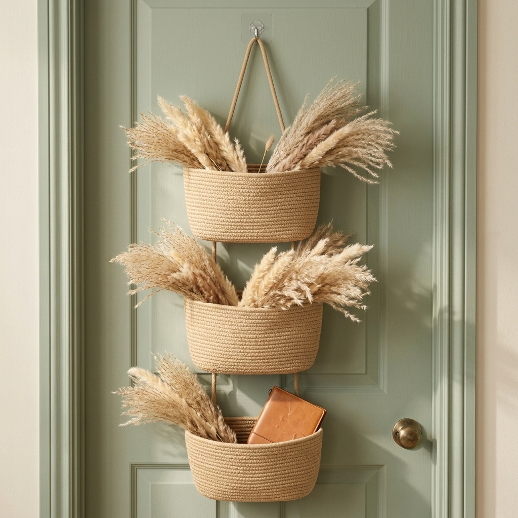 Panier de Rangement Suspendu en Coton 3 Niveaux pour Porte