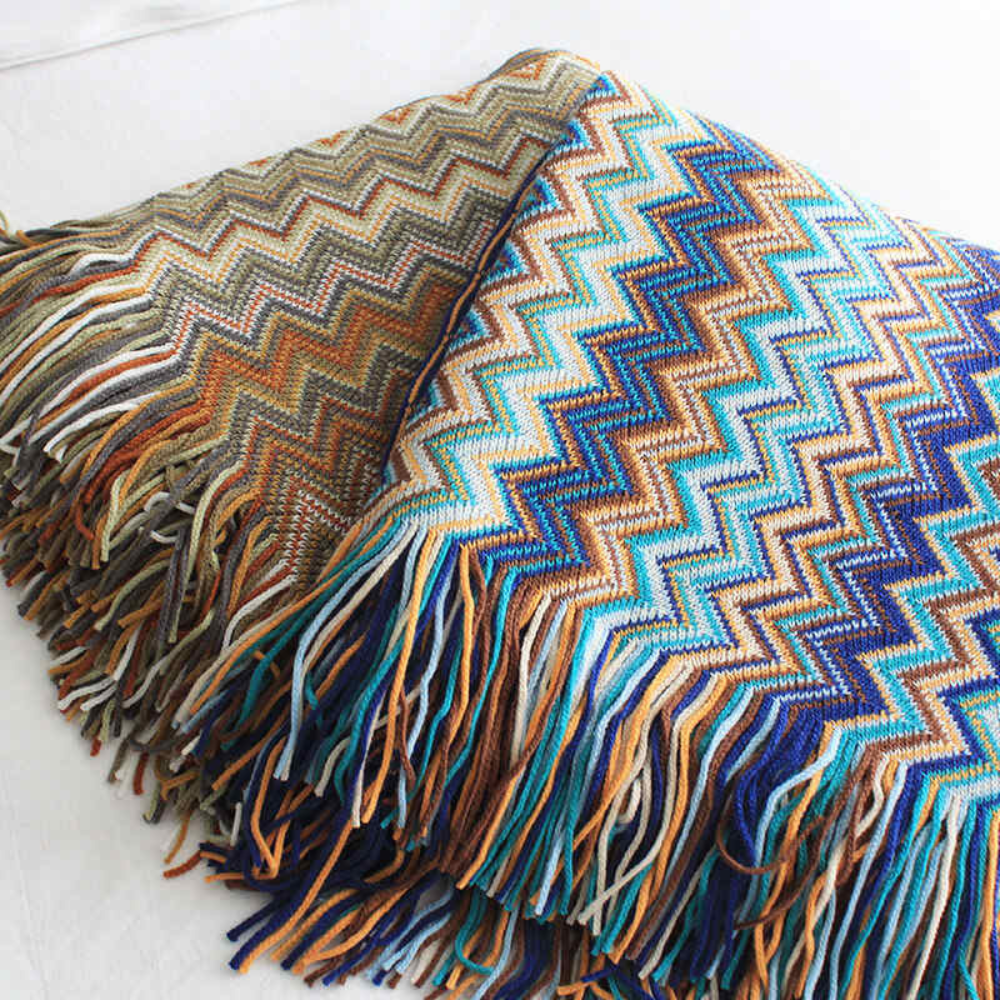 Couverture Tricotée à Franges Zigzag Multicolore