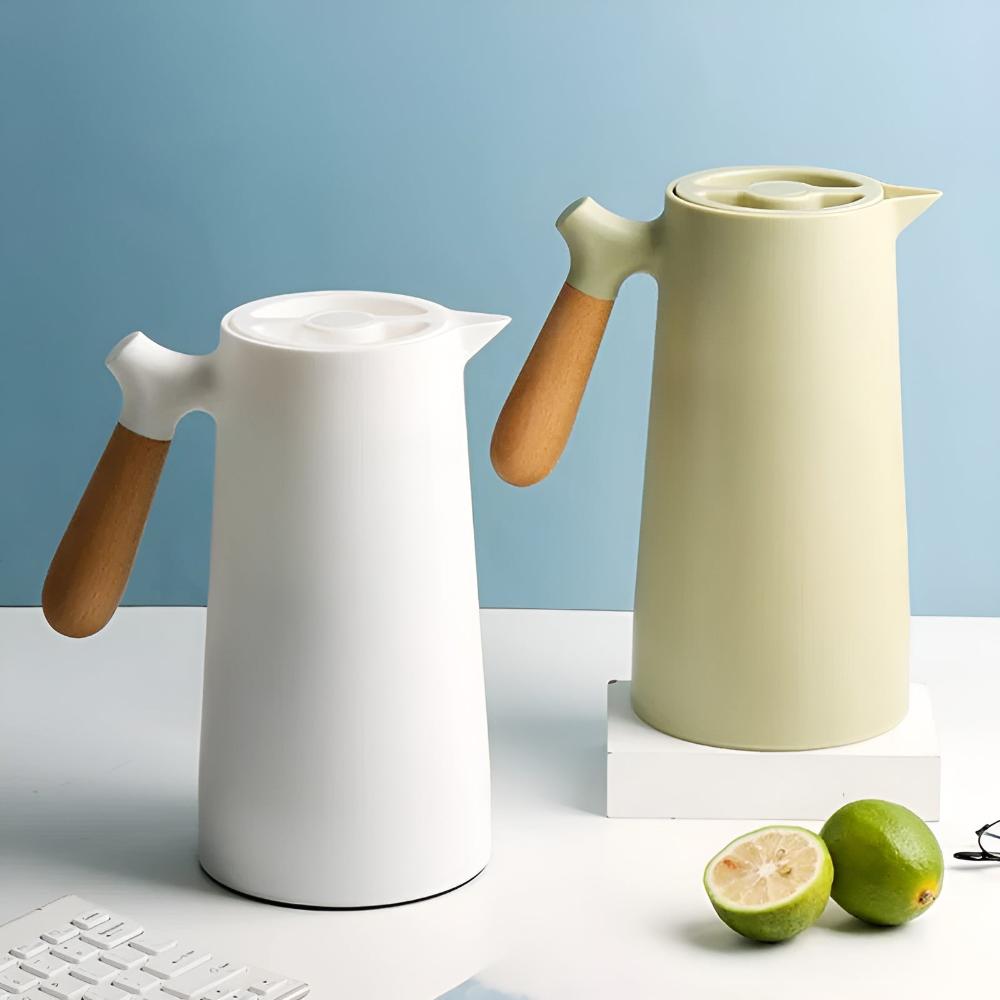 Thermos avec poignée en bois et insert en verre – 1 litre