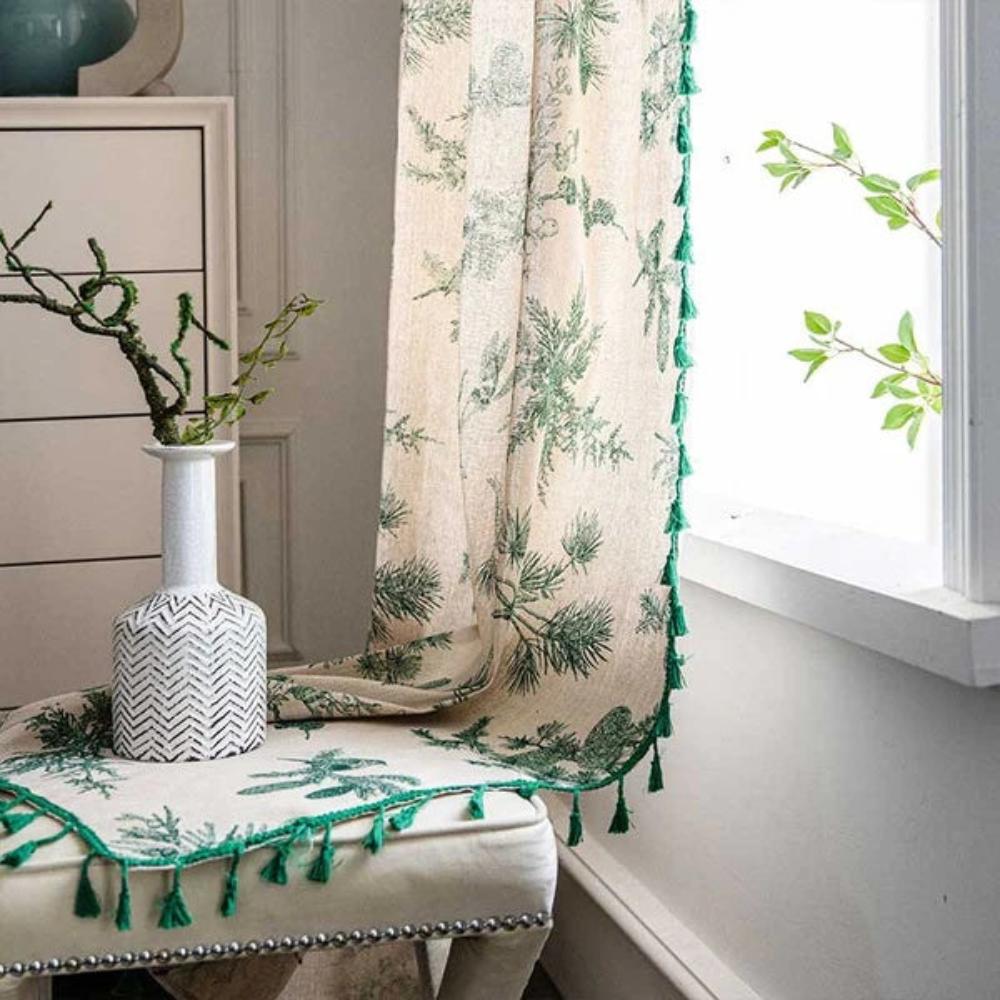 Rideau à Franges avec Motif Oiseau en Pin Vert