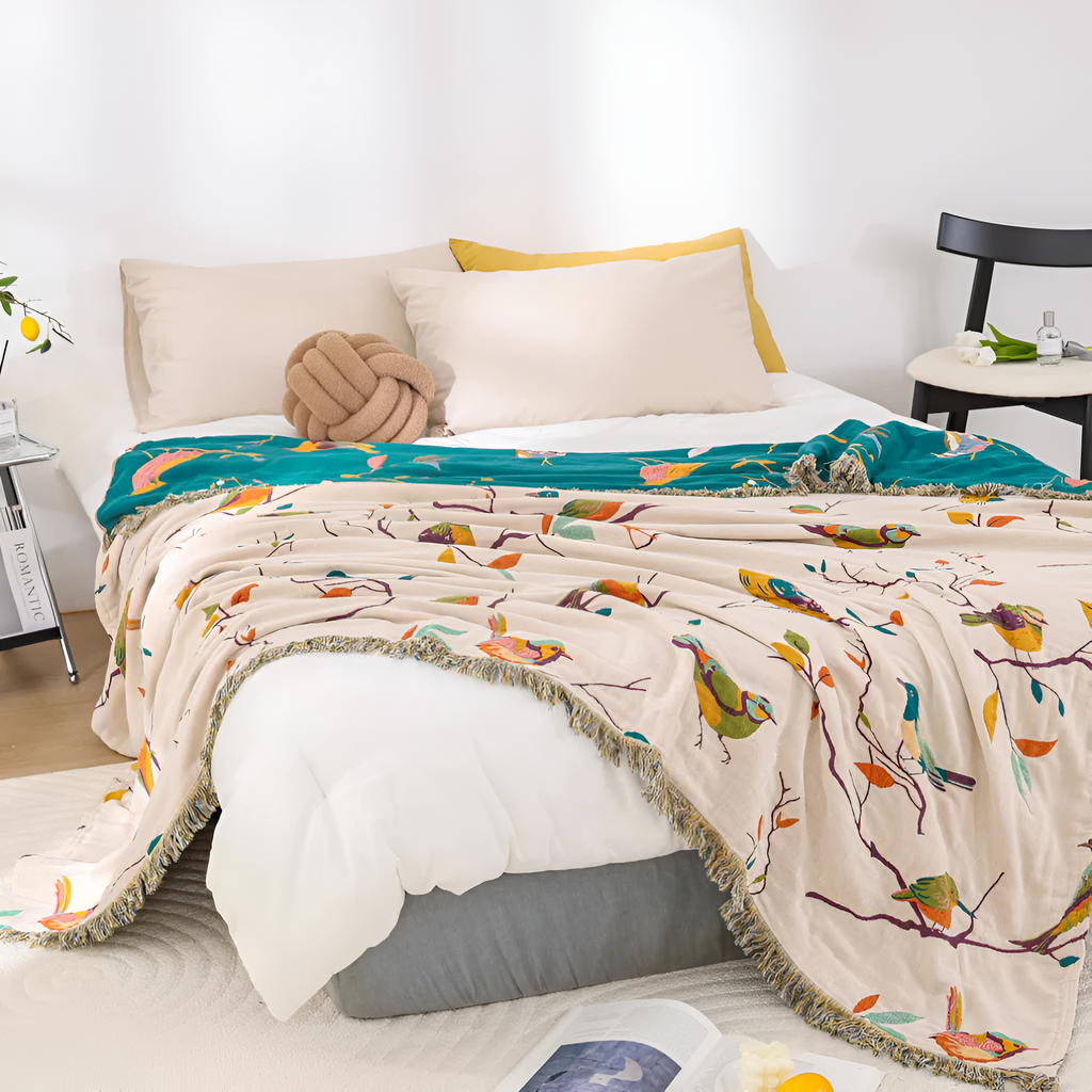 Couverture en Coton avec Franges Oiseau Fantaisie