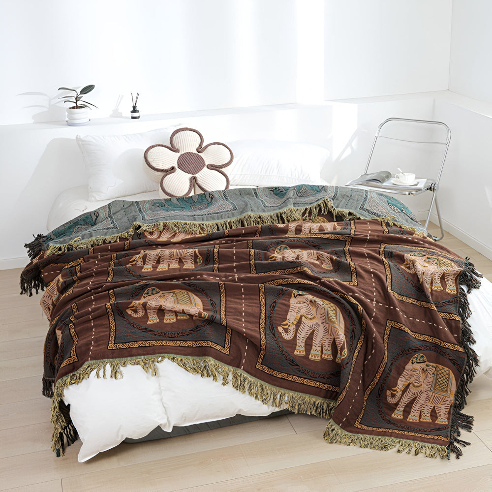 Couverture en Coton avec Franges Imprimée Éléphant Bohémien