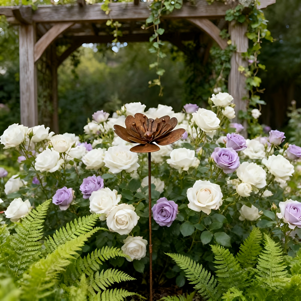 Piquet de Jardin Fleur en Métal Rouillé avec Décoration Lumineuse