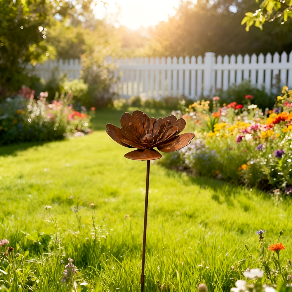 Piquet de Jardin Fleur en Métal Rouillé avec Décoration Lumineuse