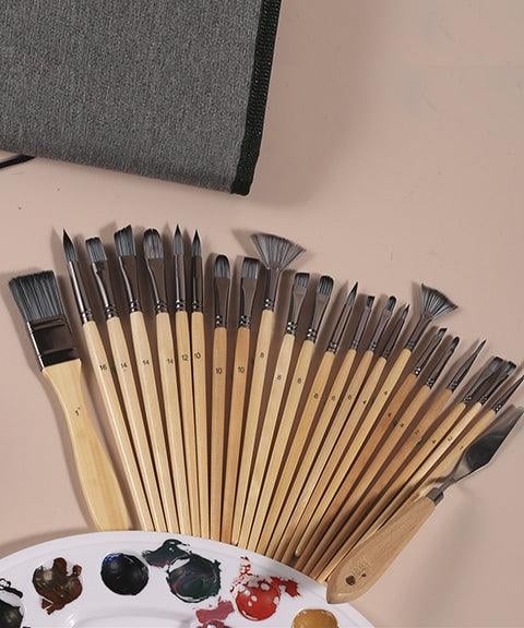 Ensemble de pinceaux d'artiste | 24 pinceaux en nylon avec 7 formes & spatule | Acrylique, huile & aquarelle