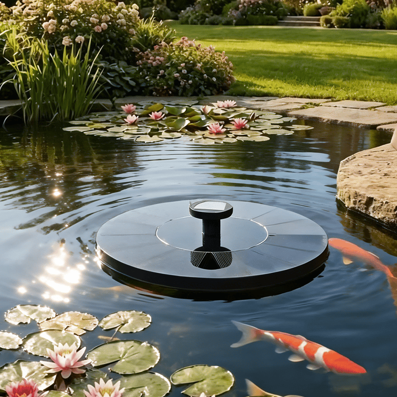 Fontaine solaire pour étang et bain d'oiseaux | 100 % alimentée par énergie solaire, design flottant | Plusieurs buses de pulvérisation + éclairage coloré optionnel