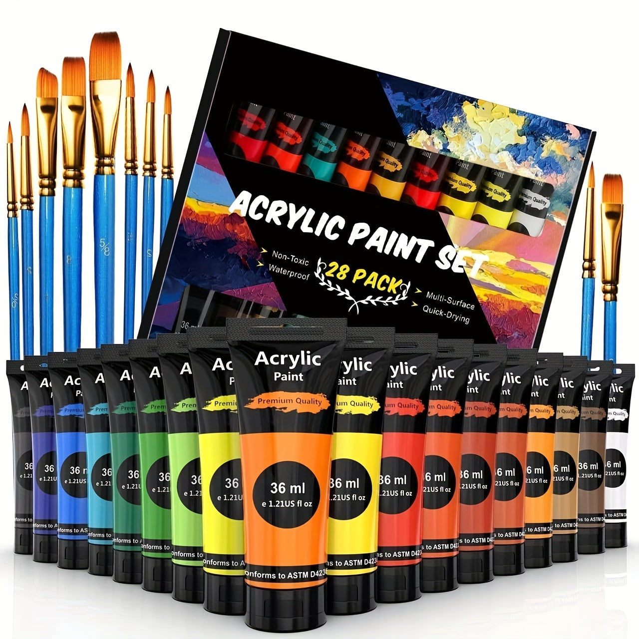 Set de Peinture Acrylique – 28 Pièces, Comprend 18 Couleurs de Peinture Acrylique et 10 Pinceaux