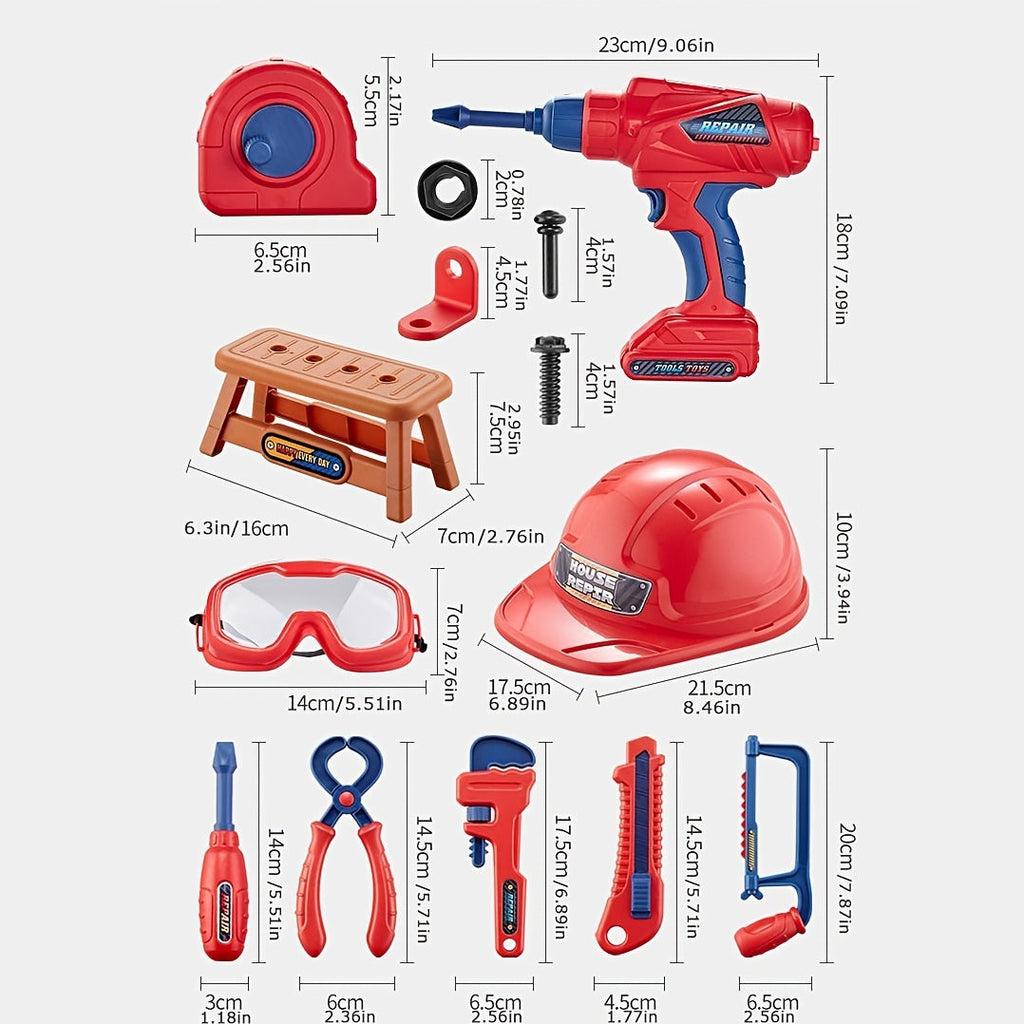 Ensemble d'outils de 48 pièces pour enfants – Avec perceuse électrique, casque de sécurité et sac de rangement