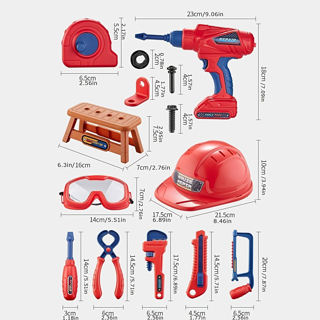 Ensemble d'outils de 48 pièces pour enfants – Avec perceuse électrique, casque de sécurité et sac de rangement