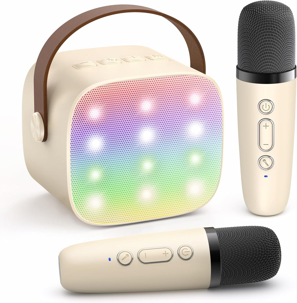 Skanto | Mini machine à karaoké portable avec haut-parleur Bluetooth et 2 microphones sans fil – Veylo