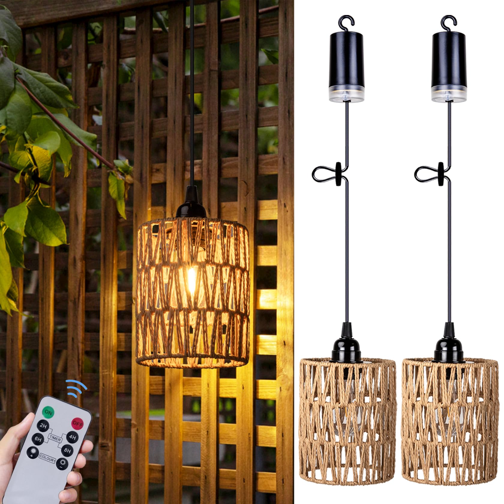 Skanto | Lustre à Piles All Fortune, Lampe Suspendue en Rotin, Lampe avec Ampoule Blanc Chaud, Fonctionne avec 4 Piles AA, Pour Gazebo Pergola Véranda Patio Décor Extérieur Intérieur