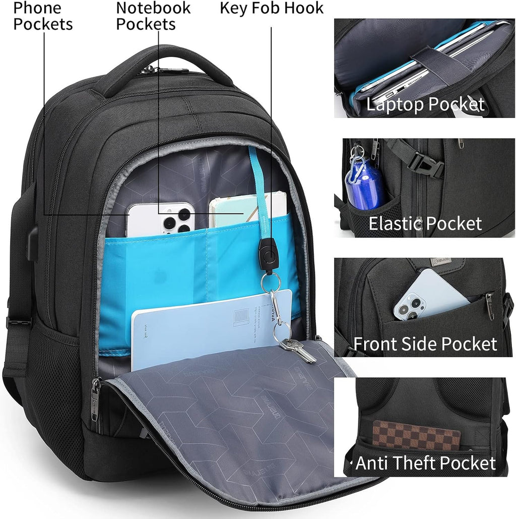 Sac à dos de voyage pour ordinateur portable résistant à l'eau avec port USB et espace de rangement organisé