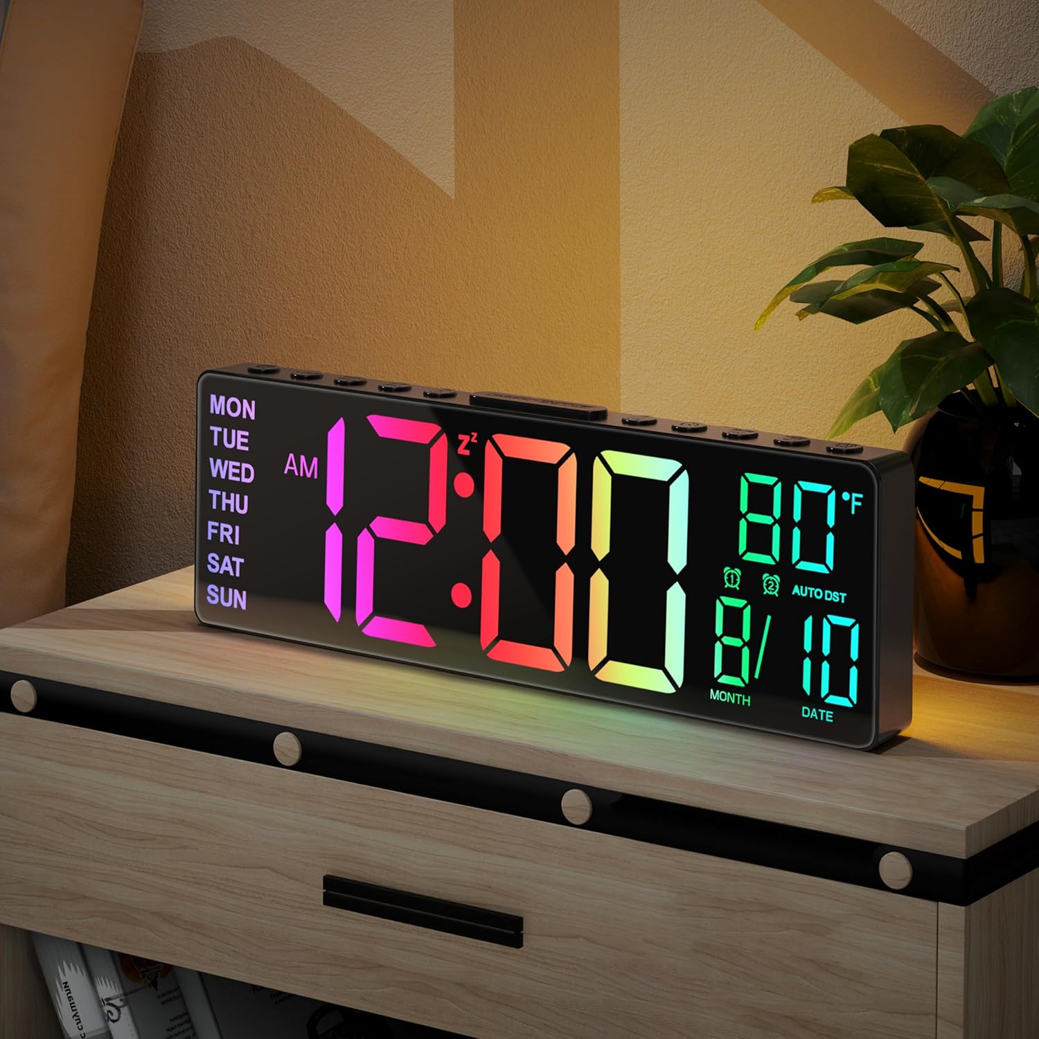 Réveil Numérique Grand de 10,5'' avec 8 Couleurs RGB