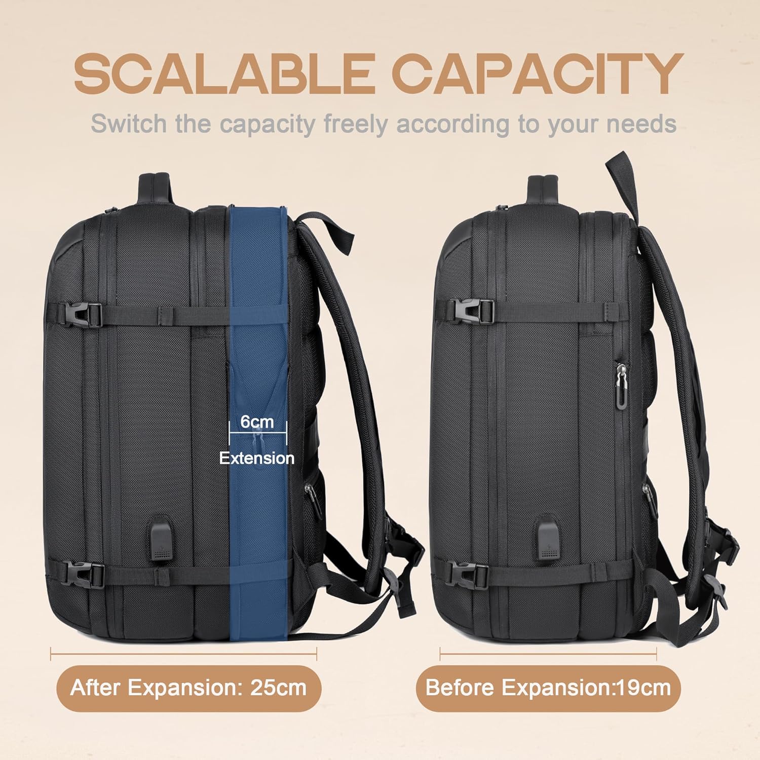 Sac à dos de voyage extensible de 40L, étanche, avec port USB et compartiment pour ordinateur portable de 17” – AirVoyage