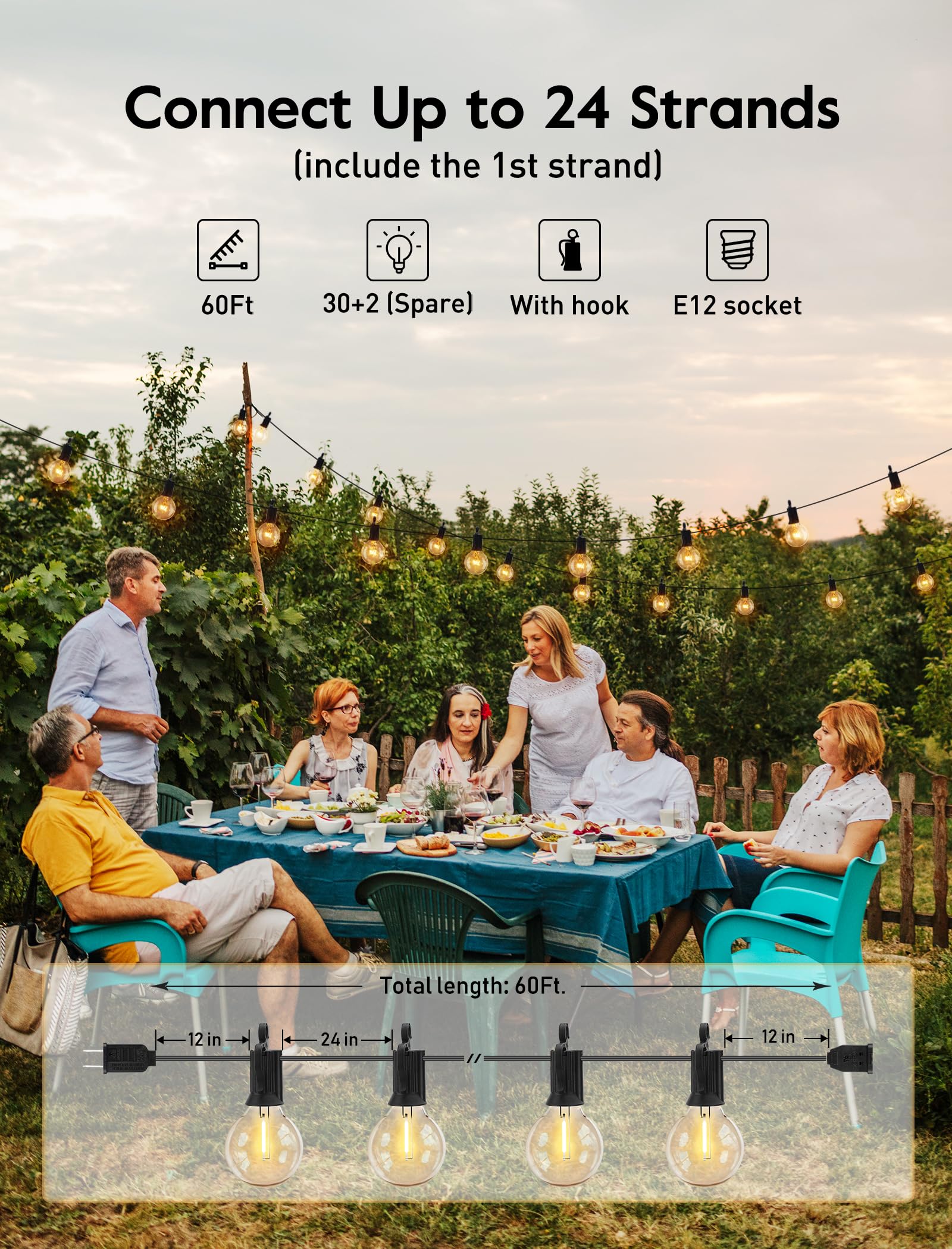 Skanto | Brightown 60Ft Guirlandes Lumineuses Extérieures - Lumières de Terrasse LED Globe G40 avec 32 Ampoules Résistantes aux Chocs
