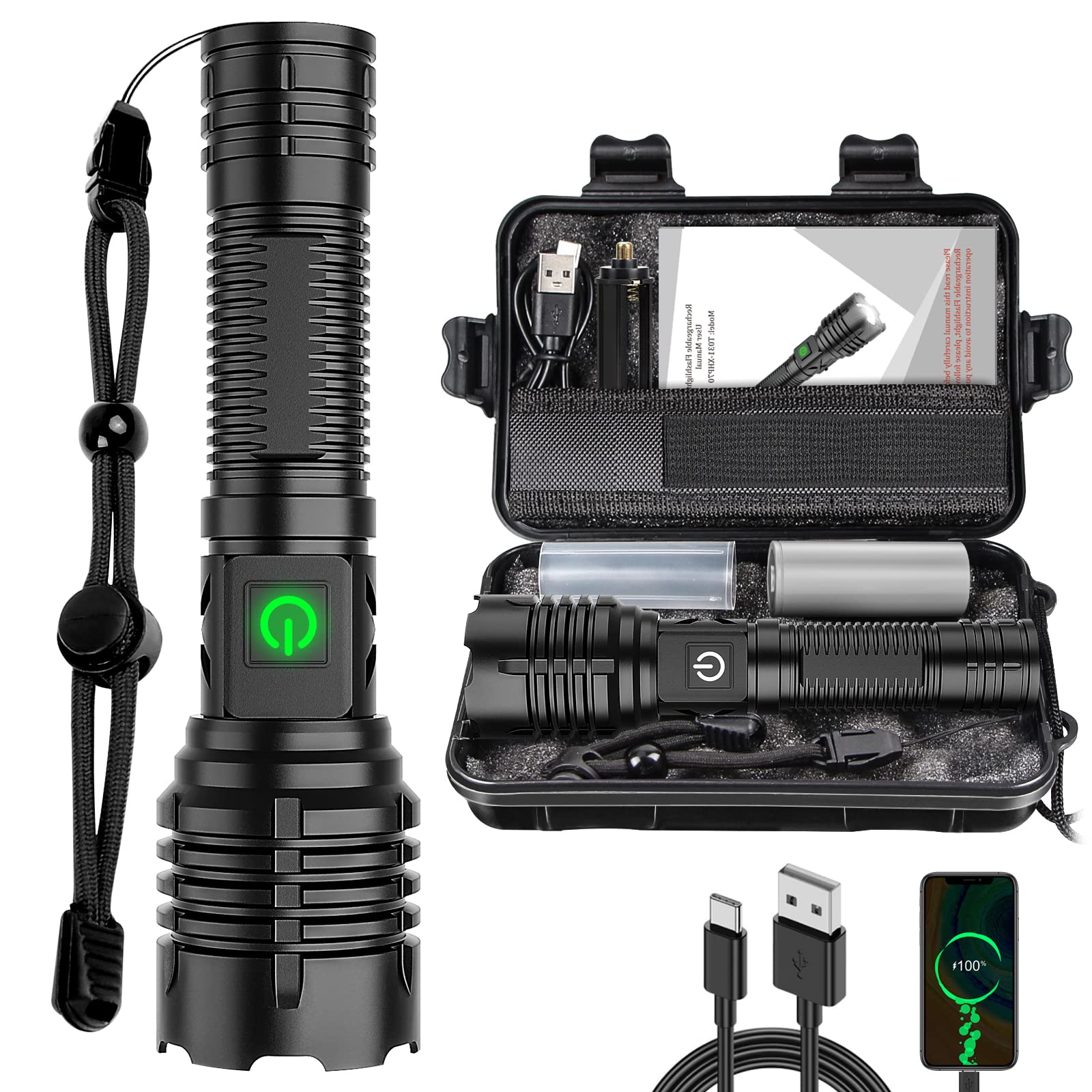 Skanto | Banral 100000 lumen lampe de poche rechargeable, étanche IPX6, 5 modes, zoomable, aluminium