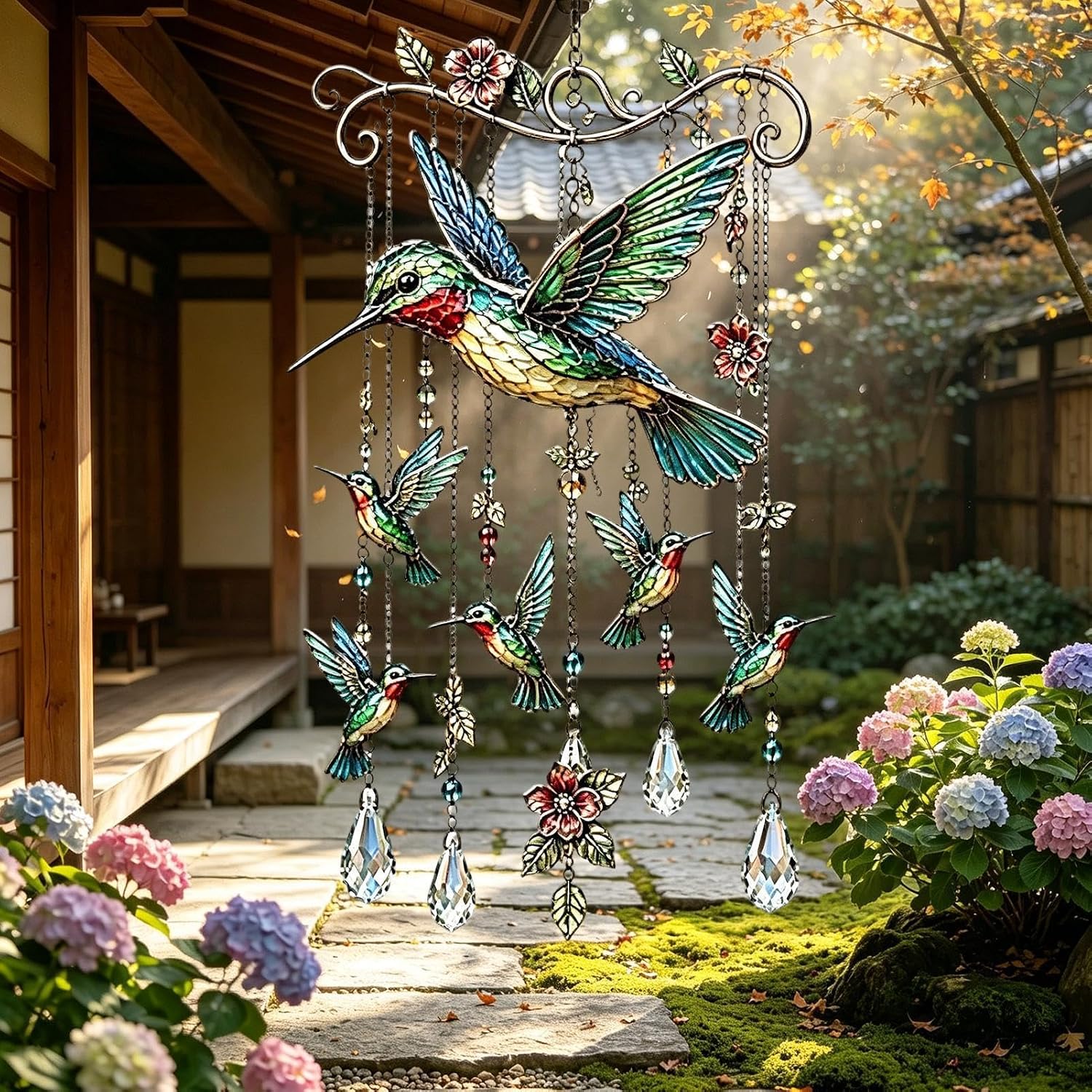 CrystalSong™ | Carillon en cristal avec motif d'oiseau pour jardin et balcon