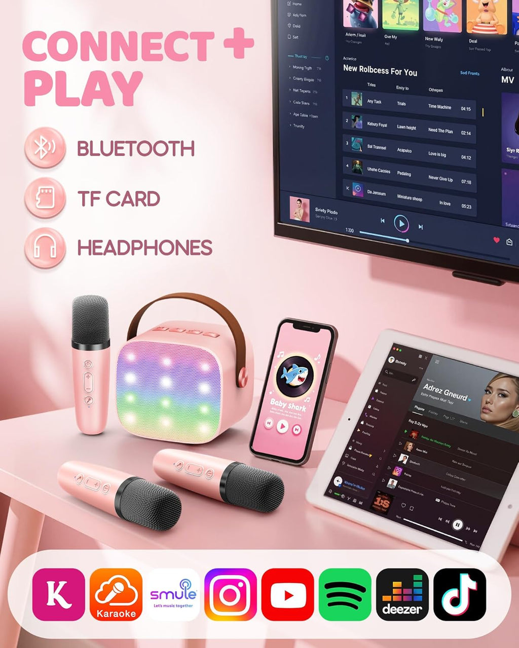 Skanto | Mini machine à karaoké portable avec haut-parleur Bluetooth et 2 microphones sans fil – Veylo
