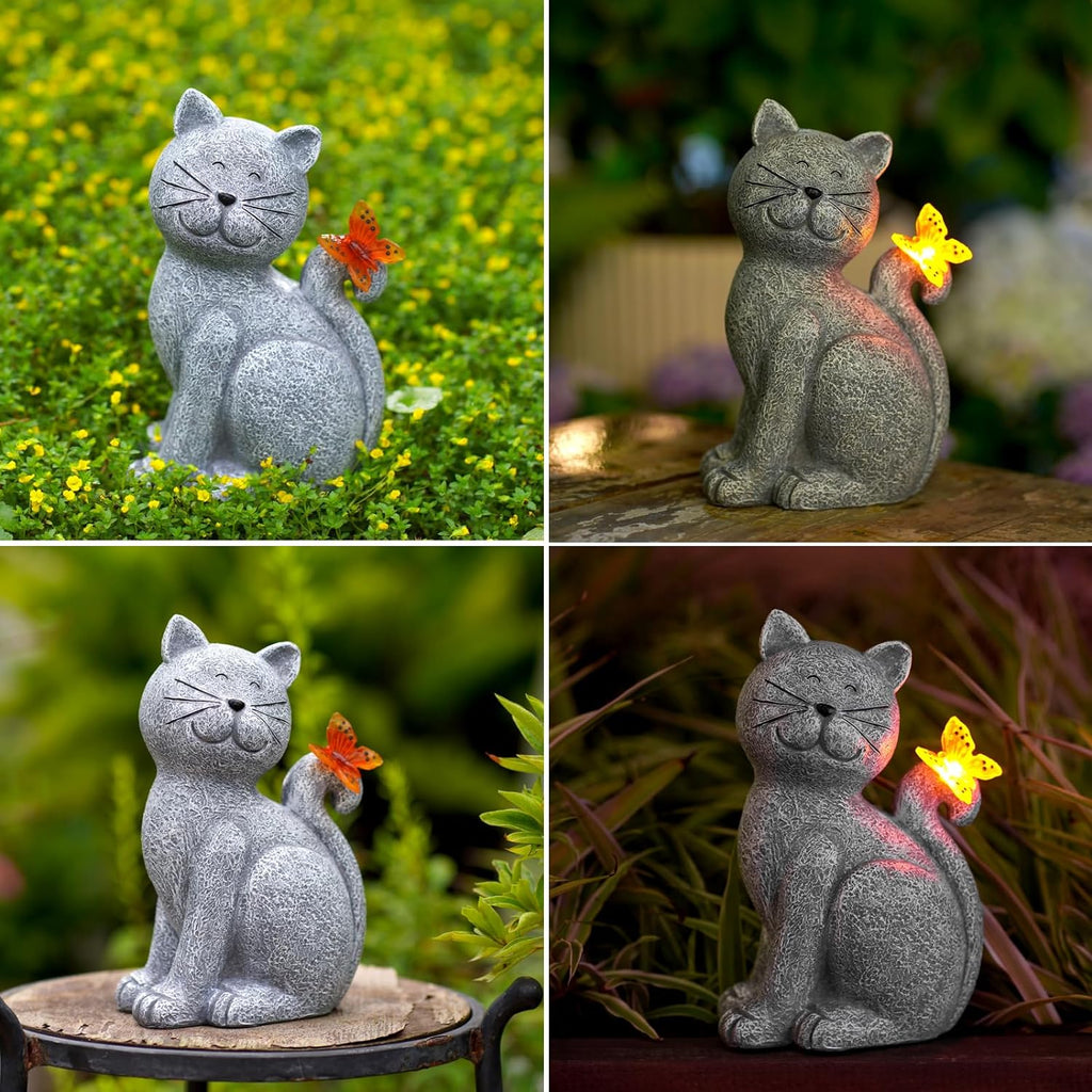Chat Envoûtant avec Papillon - Lumière Ambiance pour votre Jardin
