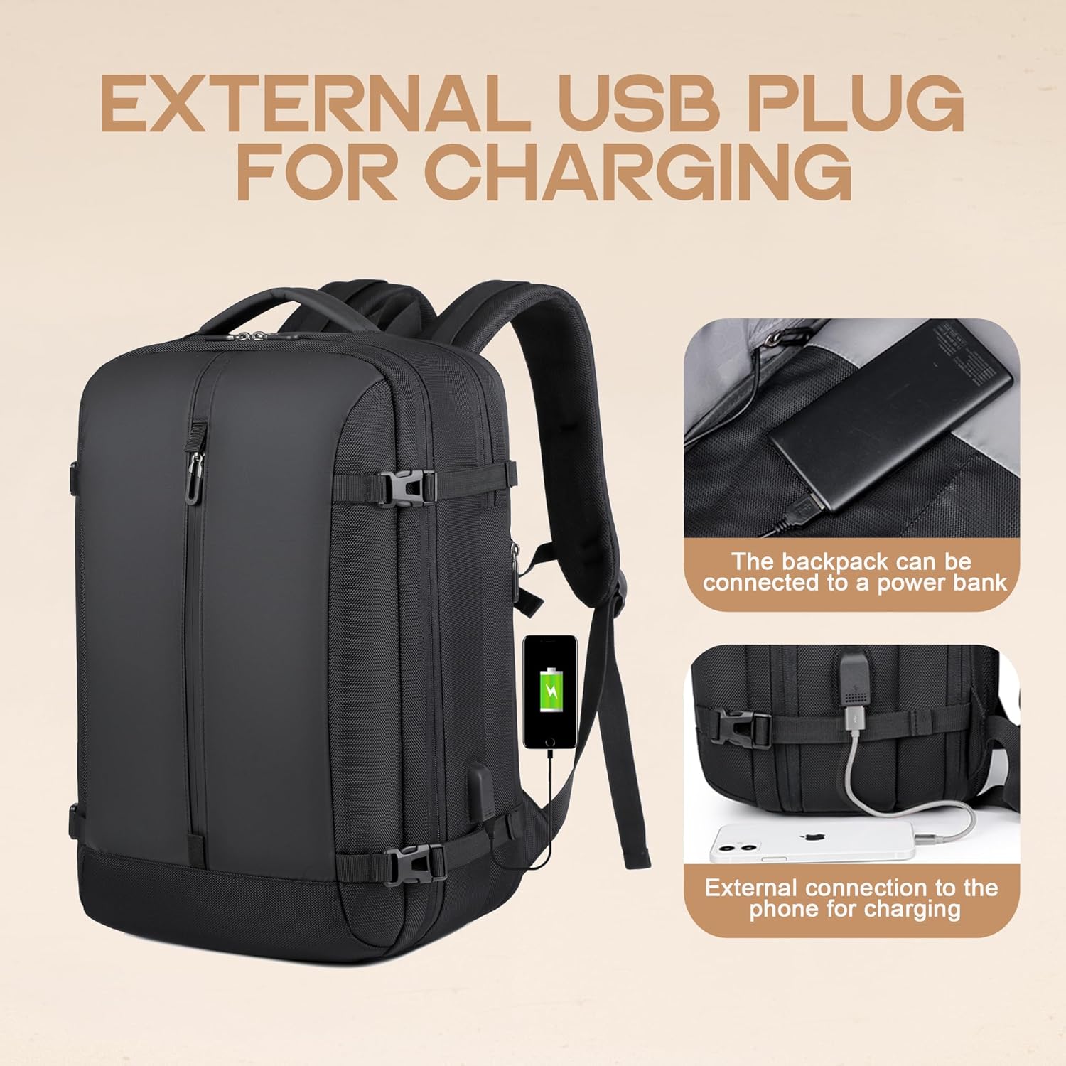 Sac à dos de voyage extensible de 40L, étanche, avec port USB et compartiment pour ordinateur portable de 17” – AirVoyage