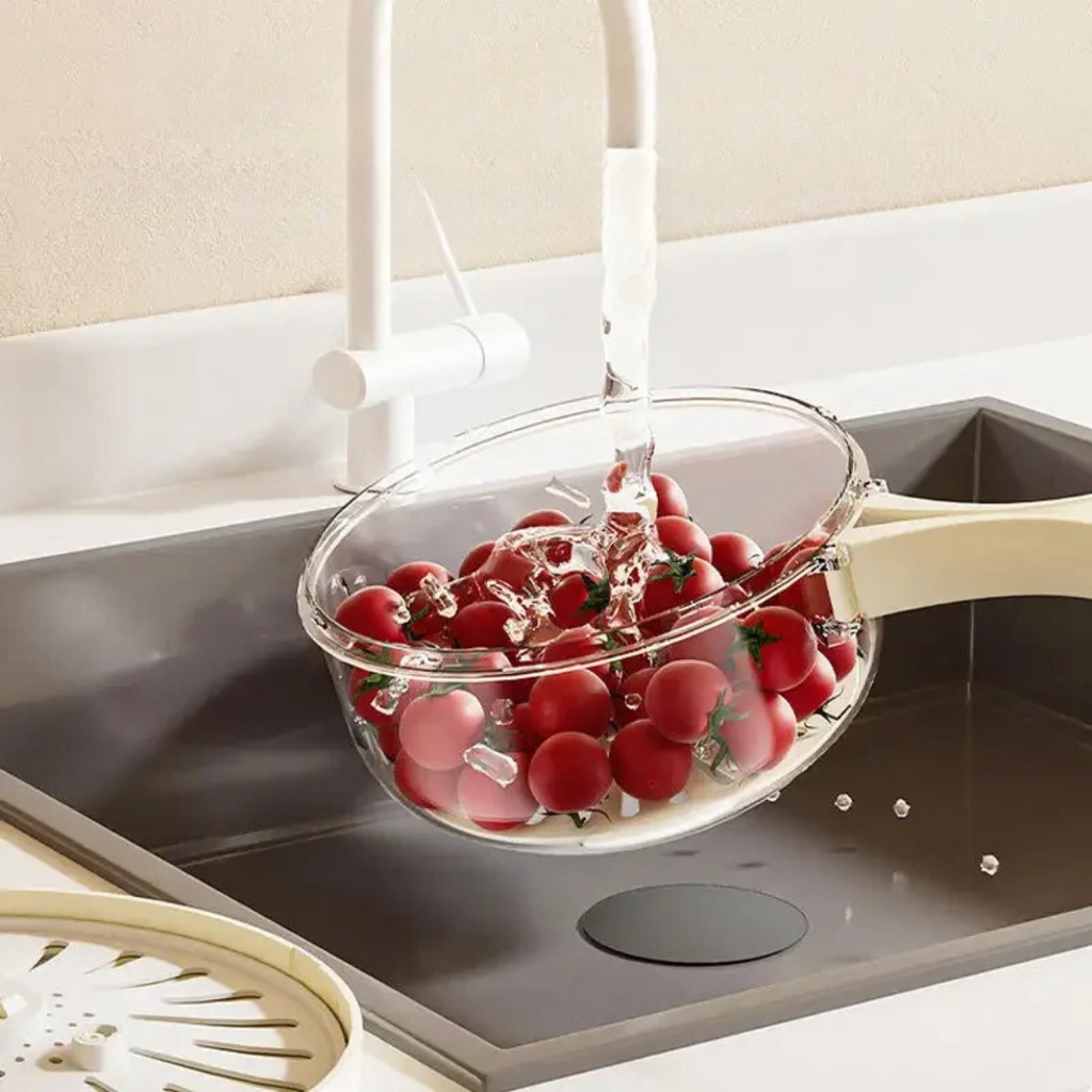 Essoreuse à salade avec couvercle et poignée | Laver, égoutter et conserver des fruits et légumes dans un seul récipient | Des feuilles croquantes restent fraîches | Blanc/Marron
