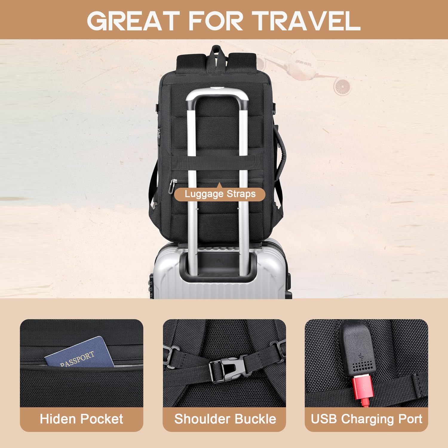 Sac à dos de voyage étanche extensible de 40L avec port USB et compartiment pour ordinateur portable de 17" – AirVoyage