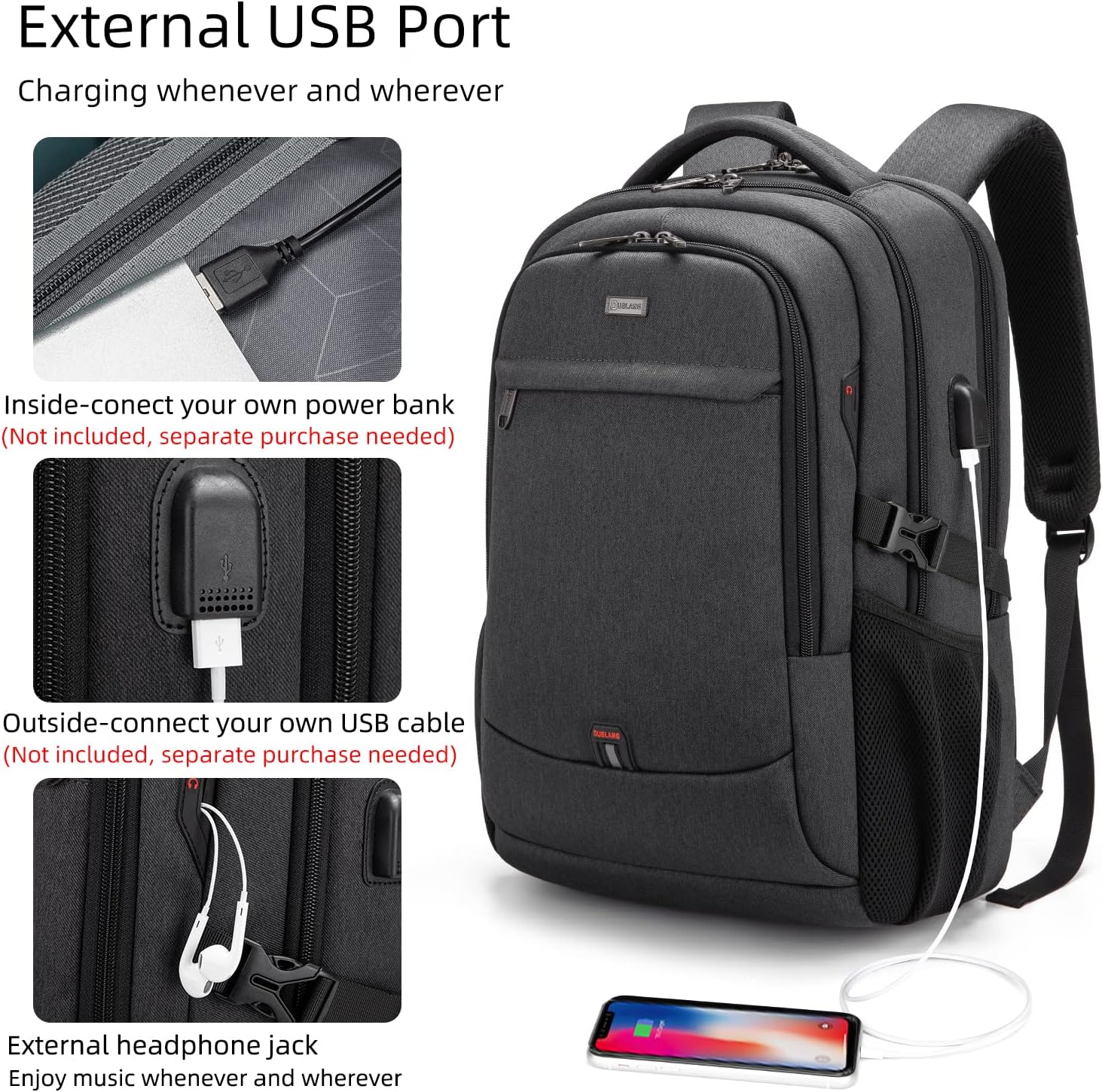 Sac à dos de voyage pour ordinateur portable résistant à l'eau avec port USB et espace de rangement organisé
