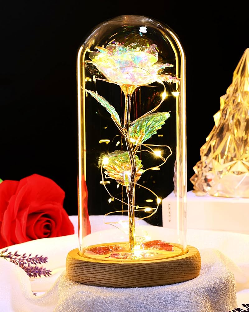 Lampe de Table Décorative LED avec Dôme en Verre et Rose